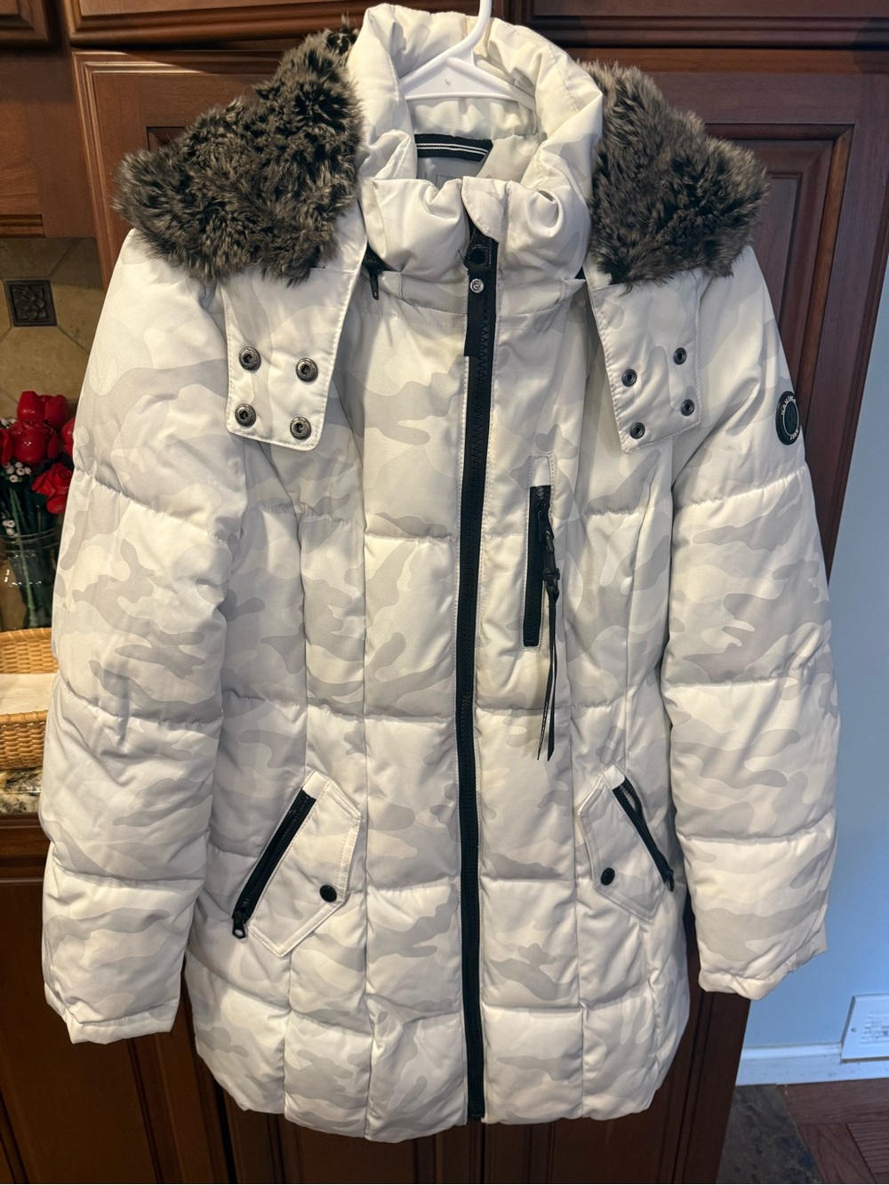 Nautica White Camo Puffer Coat with Faux-Fur Trim